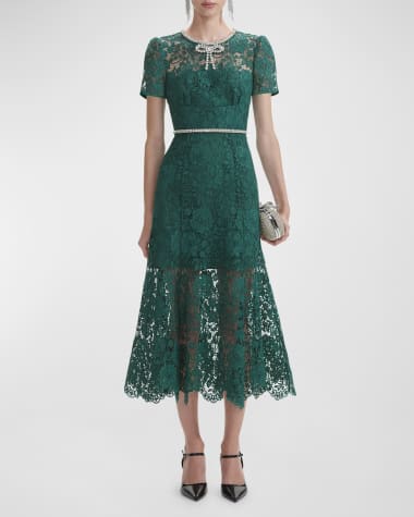 Self-Portrait Lace Diamante Belted Short-Sleeve Midi Dress