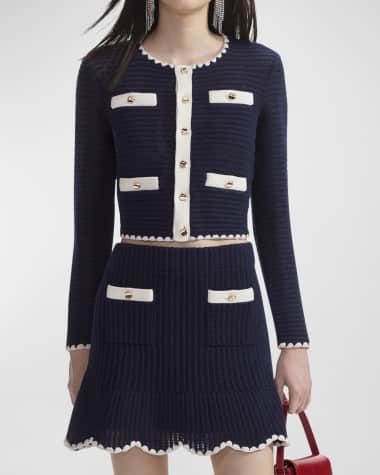 Self-Portrait Contrast-Trim Cropped Crochet Cardigan