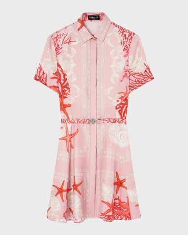 Versace Holiday-Print Belted Short-Sleeve Silk Twill Mini Shirtdress