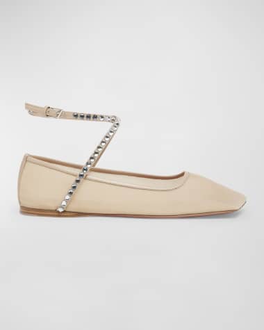 Amina Muaddi Ane Mesh Crystal Ankle-Strap Ballerina Flats