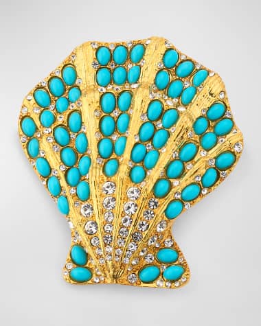 Kenneth Jay Lane Crystal and Turquoise Oval Cabochon Shell Pin