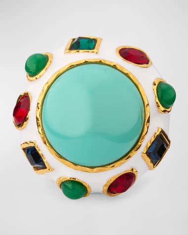 Kenneth Jay Lane White Enamel, Multi Dark Gem and Turquoise Center Button Ring