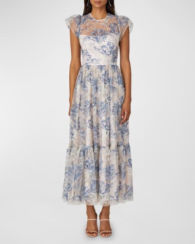 Shoshanna Cap-Sleeve Sequin Floral-Embroidered Maxi Dress