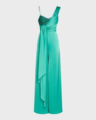 Halston Khi Draped Sequin-Embellished Satin Jumpsuit
