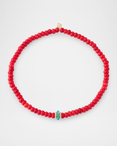 Sydney Evan Gold and Turquoise Scallop Rondelle on Red Bamboo Coral Bracelet