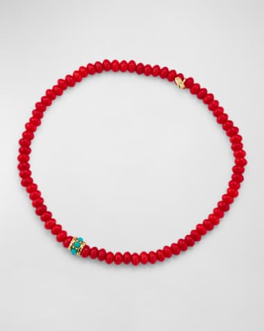 Sydney Evan Gold and Turquoise Scallop Rondelle on Red Bamboo Coral Bracelet