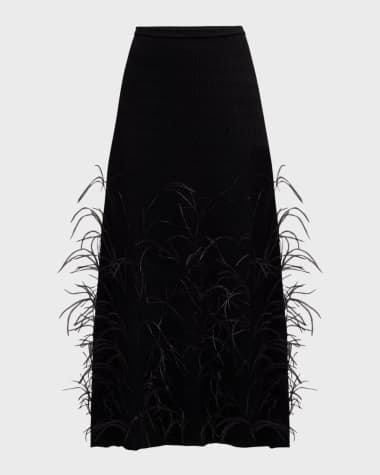 LAPOINTE Feather-Embellished Wavy Matte Crepe Midi Skirt