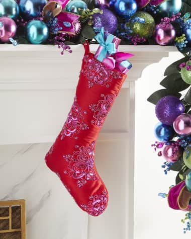 Neiman Marcus Christmas Stocking with Floral Design