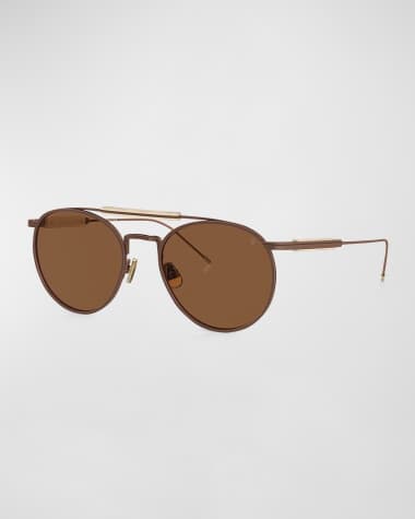 Brunello Cucinelli Sleek Titanium & Metal Crystal Round Aviator Sunglasses