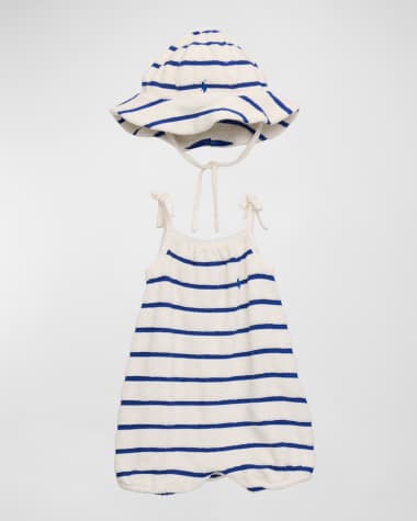 Ralph Lauren Childrenswear Girl's Nautical Striped Romper W/ Hat, Size 3M-24M