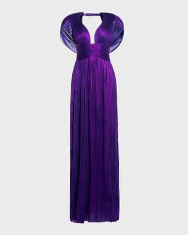 Maria Lucia Hohan Laurel Plunging Drape Backless Metallic Plisse Gown