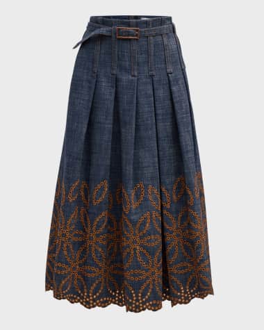 Maison Common Pintuck Denim Eyelet Belted Midi Skirt