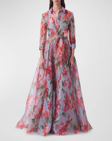 Carolina Herrera Watercolor Floral Belted Silk Trench Gown