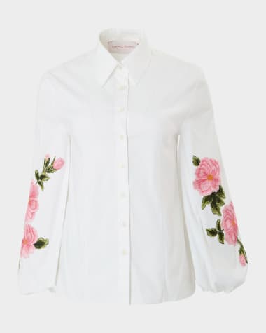 Carolina Herrera Floral Puff-Sleeve Button Down Blouse