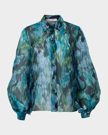 Carolina Herrera Abstract Puff-Sleeve Button Down Silk Top