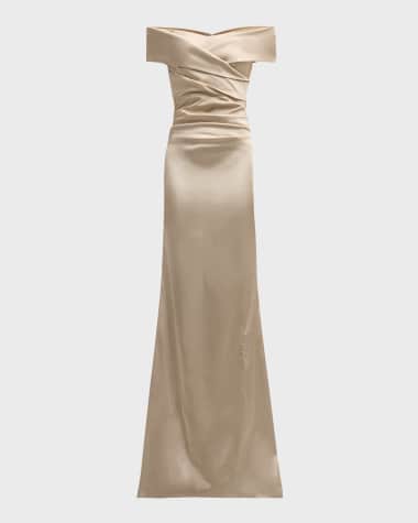 Rickie Freeman for Teri Jon Pleated Off-Shoulder Satin Column Gown
