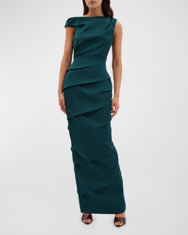 Rachel Gilbert Rylan Pleated Sleeveless Column Gown