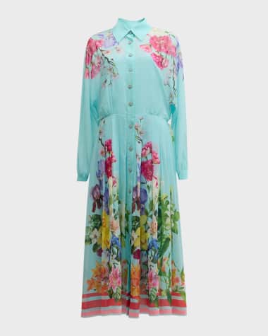 Rickie Freeman for Teri Jon Pleated Floral-Print Midi Shirtdress