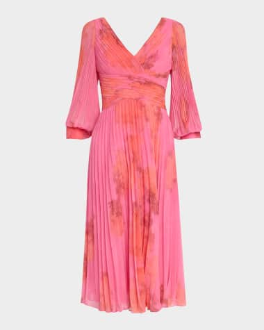Rickie Freeman for Teri Jon Pleated Abstract-Print Chiffon Midi Dress