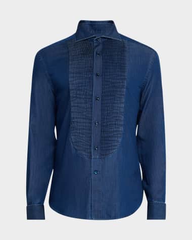 Brunello Cucinelli Men's Denim Pleated-Bib Dress Shirt