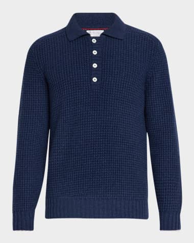 Brunello Cucinelli Men's Cashmere Waffle Stitch Polo Sweater