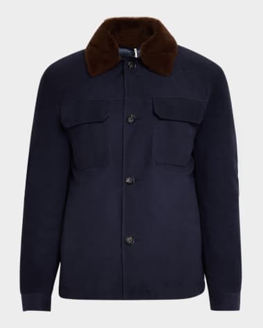 Brunello Cucinelli Men's Suede Overshirt with Removable Shearling Collar