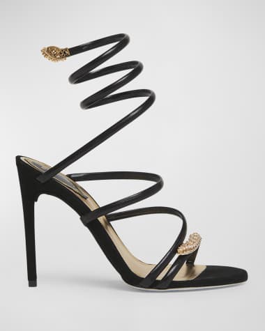 Rene Caovilla Serpente Leather Crystal Ankle-Wrap Sandals