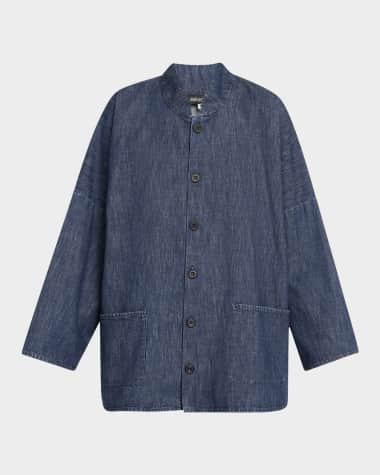 Eskandar Denim Imperial Shirt with Chinese Collar (Long Length)