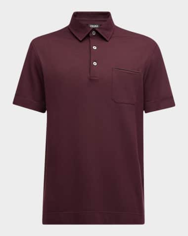 ZEGNA Men's Cotton Polo Shirt with Leather-Trim Pocket