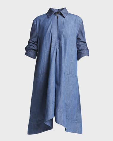 Loewe x Paula Ibiza Denim Wrap Tunic Dress with Rolled Cuff Sleeves