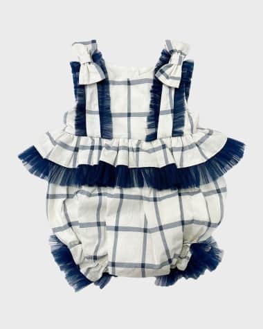 Petite Maison Kids Girl's Checkered Linen Ruffle Romper, Size 3M-4