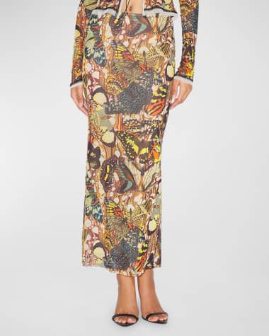 Jean Paul Gaultier Papillon Butterfly-Print Mesh Maxi Skirt