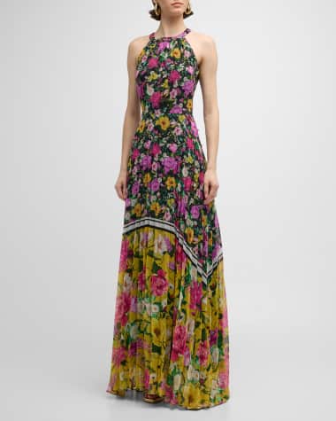 Rickie Freeman for Teri Jon Pleated Floral-Print Halter Gown