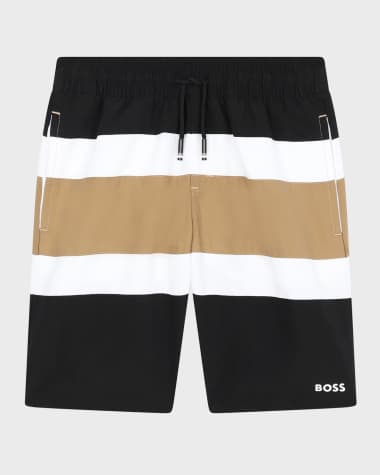 BOSS Boy's Striped Logo-Print Swim Trunks, Size 6-12