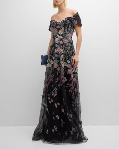 Rickie Freeman for Teri Jon Off-Shoulder Embroidered Tulle Gown