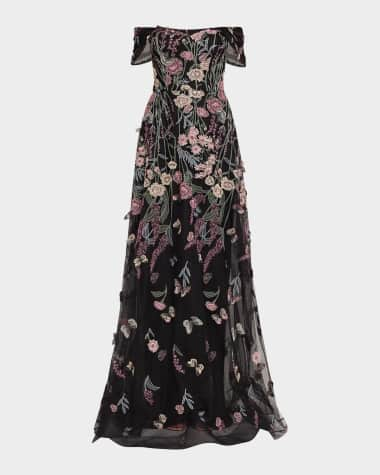 Rickie Freeman for Teri Jon Off-Shoulder Embroidered Tulle Gown