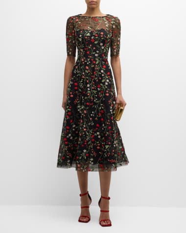 Rickie Freeman for Teri Jon Floral-Embroidered Tulle Midi Dress