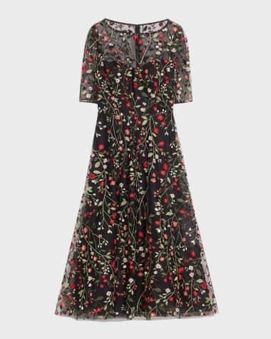 Rickie Freeman for Teri Jon Floral-Embroidered Tulle Midi Dress