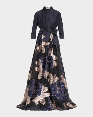 Rickie Freeman for Teri Jon Metallic Floral Organza Shirt Gown