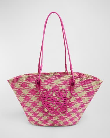 Loewe x Paula’s Ibiza Medium Anagram Basket Tote Bag in Checkered Iraca Palm with Leather Handles