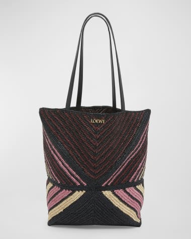 Loewe x Paula’s Ibiza Medium Puzzle Fold Tote Bag in Striped Raffia with Leather Handles