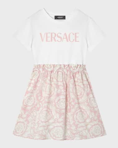 Versace Girl's Logo-Print Combo Dress W/ Barocco Skirt, Size 4-6