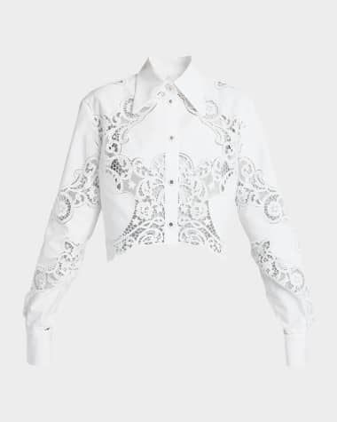 Dolce&Gabbana Poplin Button-Front Shirt with Cutwork Lace Embroidery