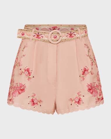 Camilla Tuck-Front Floral-Print Linen Shorts