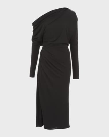 Elie Saab One-Shoulder Long-Sleeve Draped Jersey Midi Dress