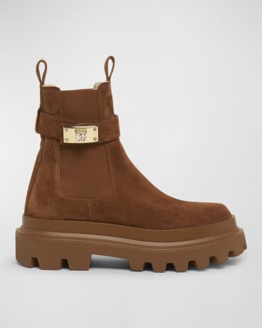 Dolce&Gabbana Suede Buckle Faux Fur Chelsea Booties