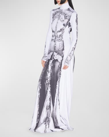 Jean Paul Gaultier Dentelle Trompe Loeil Jersey Long-Sleeve Backless Maxi Dress