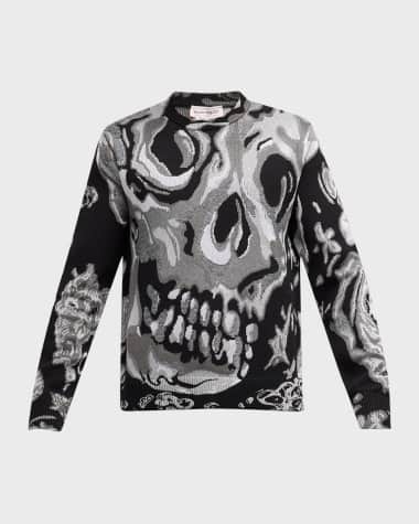 McQueen Men's Wax Floral Skull Jacquard Sweater