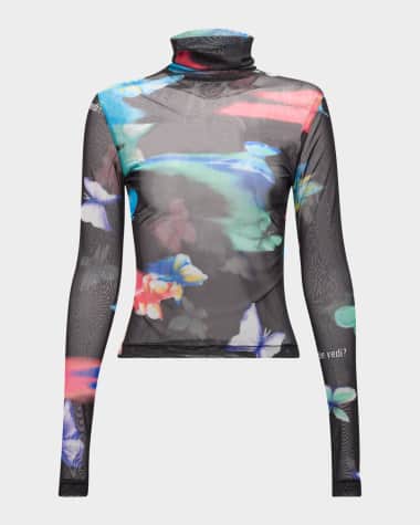 Moschino Jeans Butterfly-Print Tulle Turtleneck Top