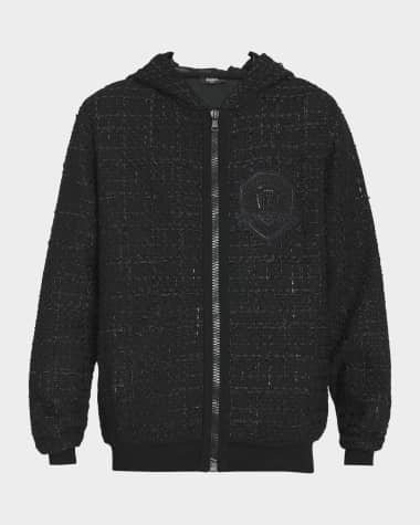 Balmain Men's Tweed Zip Hoodie with Embroidered Badge